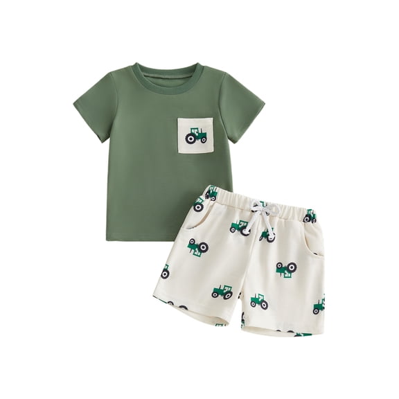 BemeyourBBs Toddler Baby Boys Summer Clothes Infant Baby Boys Summer Outfit Green Tractor Short Sleeve T Shirt Tops and Truck Print Pockets Shorts Set