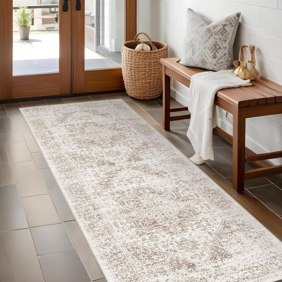 2x5 Washable Runner Rug: Vintage Medallion Kitchen Soft Rugs IvoryBeige