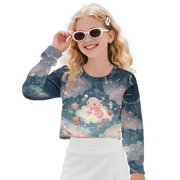 Xoenoiee Axolotl Gift Sock Cloud Star Print Girls Crop Tops Christmas Casual Long Sleeve Sweatshirt Crew Neck Cute Pullover Relaxed Fit Tops, 5-6 Years
