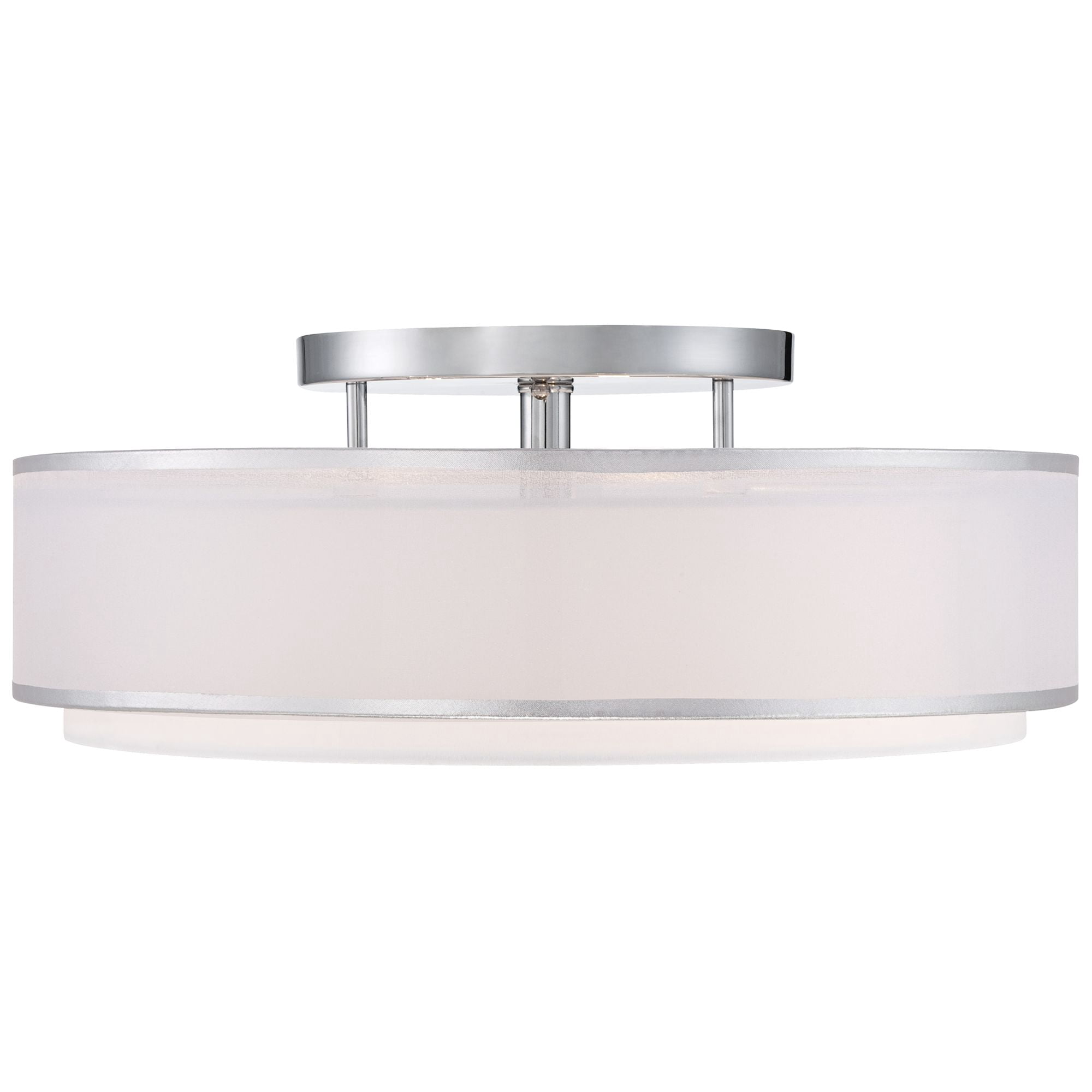 Possini Euro Design Modern Ceiling Lighting Semi Flush Mount Fixture 20" Wide Chrome 3-Light Sheer Outer Off White Inner Drum Shade for Bedroom House