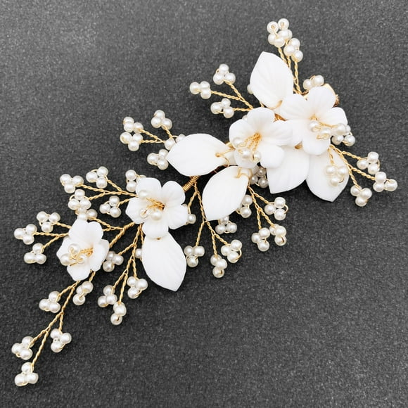 BETITETO Pinza para el pelo para novia, color blanco, perla de boda, flor de cerámica, hoja, accesorios para mujeres y niñas