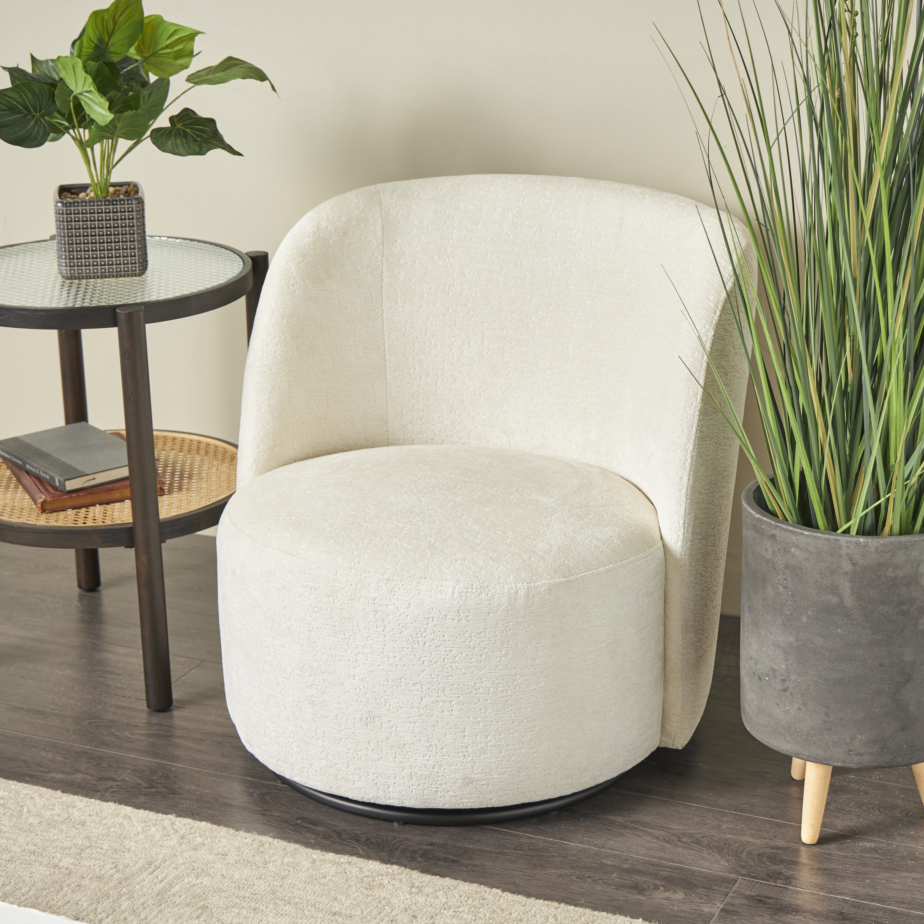 DecMode Polyester Round Swivel Boucle Lounge Chair with Black Base, White