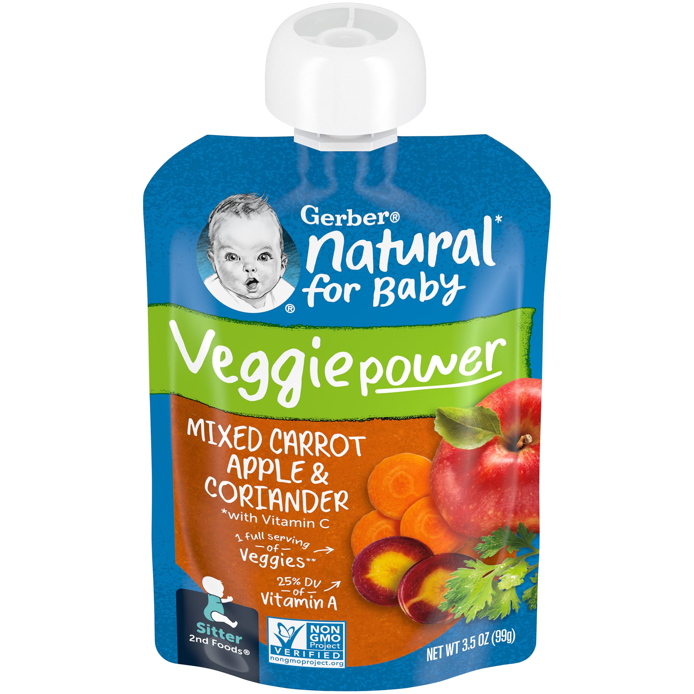 Gerber Natural Stage 2 Baby Food, Mixed Carrot Apple & Coriander, 3.5 oz Pouch (12 Pack)