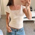 thumbnail image 5 of Short Sleeve Womens Tops Lace Neck Ribbed Cotton Linen Casual Loose Blouse Summer Fashion Sexy Tees, 5 of 9