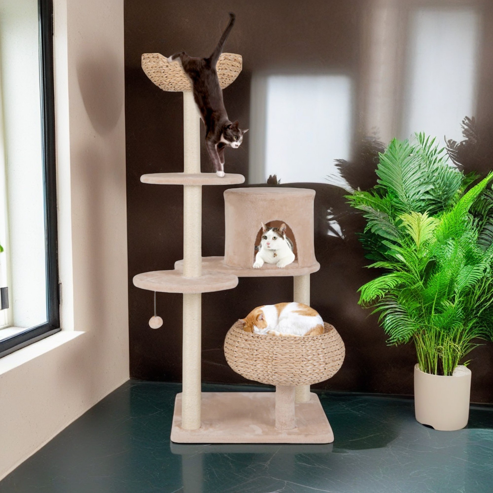 resenkos 58" Modern Cat Tree Tower for Indoor Cats w/Natural Sisal Scratching Posts, Hand-Woven Condo and Top Perch, Cat Tree House for Kittens Climb Play, Beige