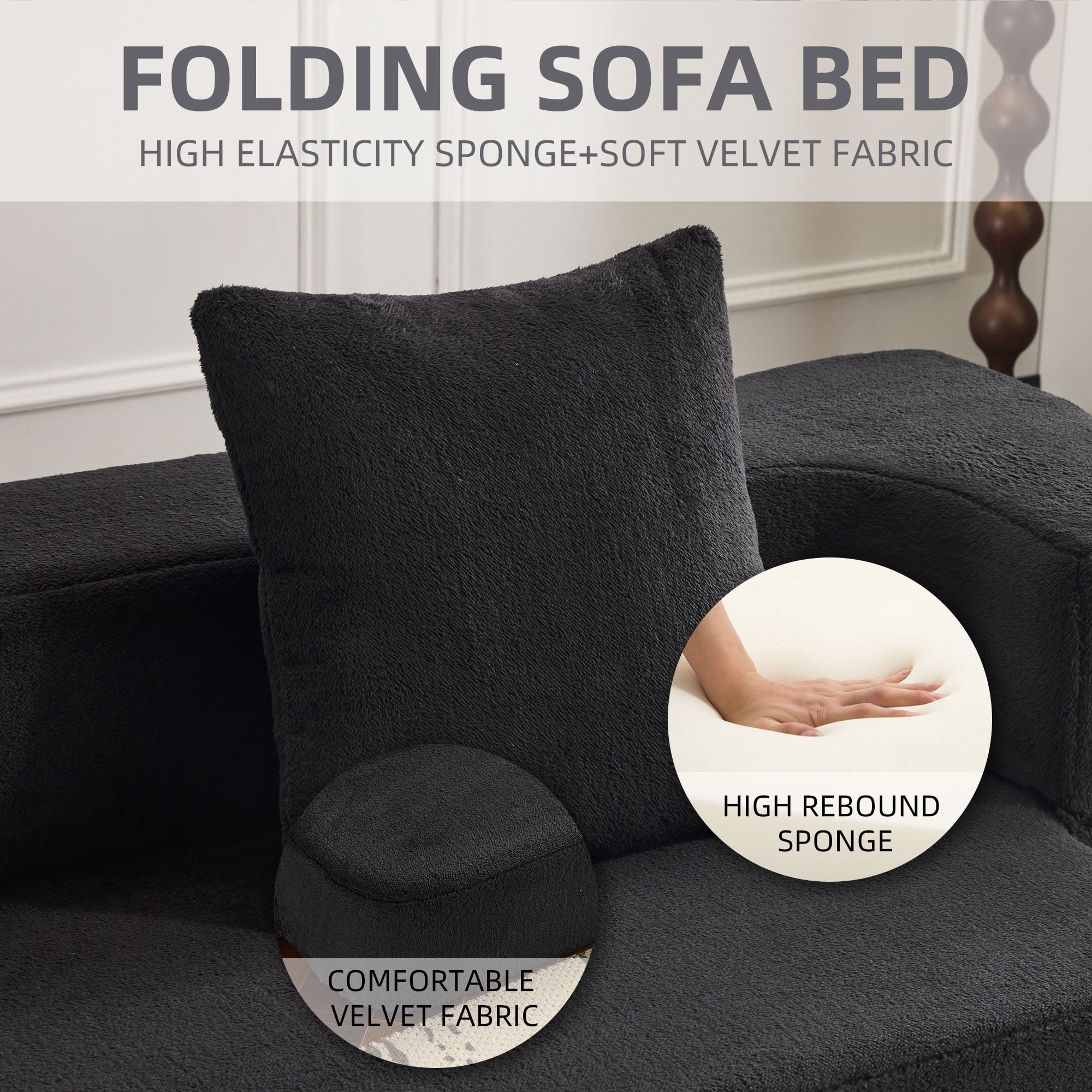 Jopath 75'' Futon Sofa Bed, Foldable Mattress Sofa Couch with Pillow Back & Armrest, Faux Fur Floor Couch Lounge Sleeper Sofa Bed for Living Room/Bedroom,No Assembly Required,Black