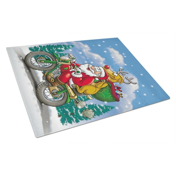 Carolines Treasures APH8996LCB Christmas Santa Claus on a Motorcycle Glass Cutting Board Large, 12H x 16W, multicolor