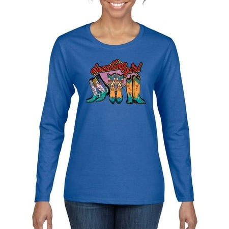Wild Bobby Dazzling Girl Western Print Cowgirl Boots Vintage Letters Pop Culture Women Graphic Long Sleeve Tee  Royal  Large