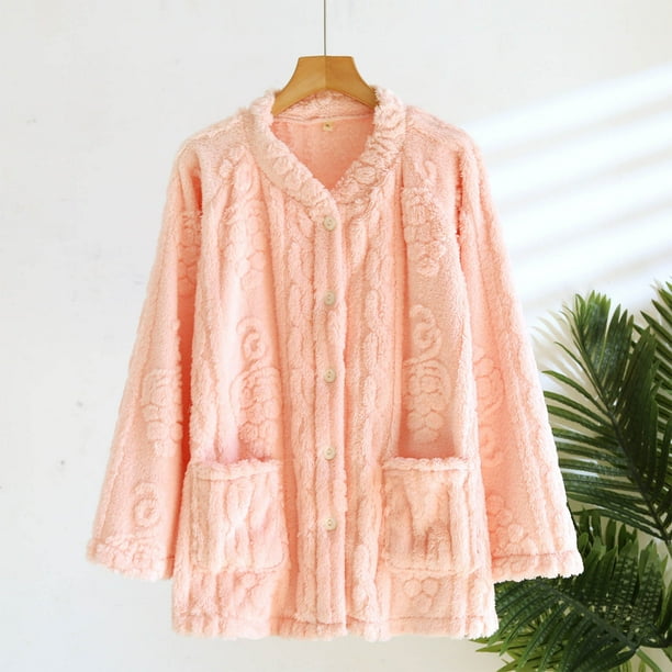 Pijama de manga larga para mujer, de invierno, de color liso, de franela gruesa con forro polar añadido, de manga larga, cálido, para el hogar, de poliéster.