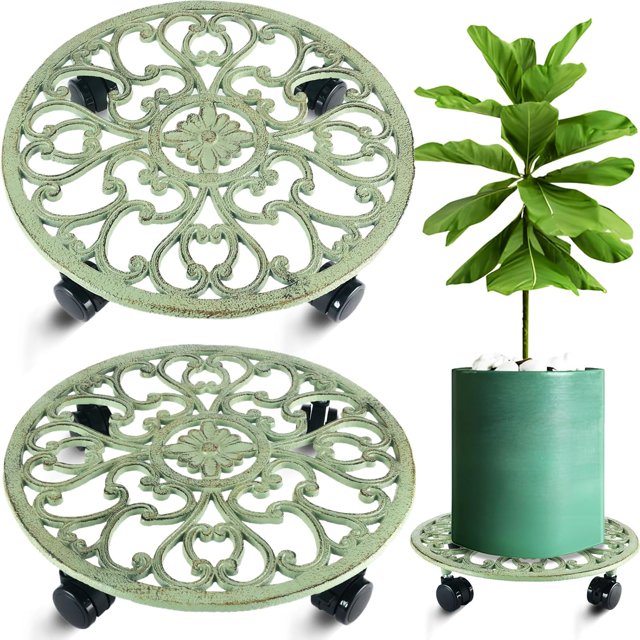 CNKOO 2 Paquets Support à Plantes Roulant avec Roues Caddy à Plantes en Métal avec Roues Robuste Support à Plantes Rond de 13'' Rouleaux d'Intérieur en Fer pour Plantes Poupée à Plantes avec Soucoupes pour Plantes