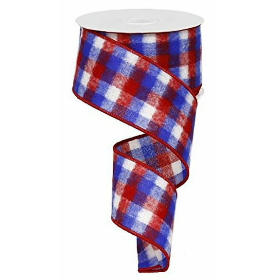 Red White Blue Plaid Flag Wired Edge Ribbon (2.5 Inches) - 50 Yards