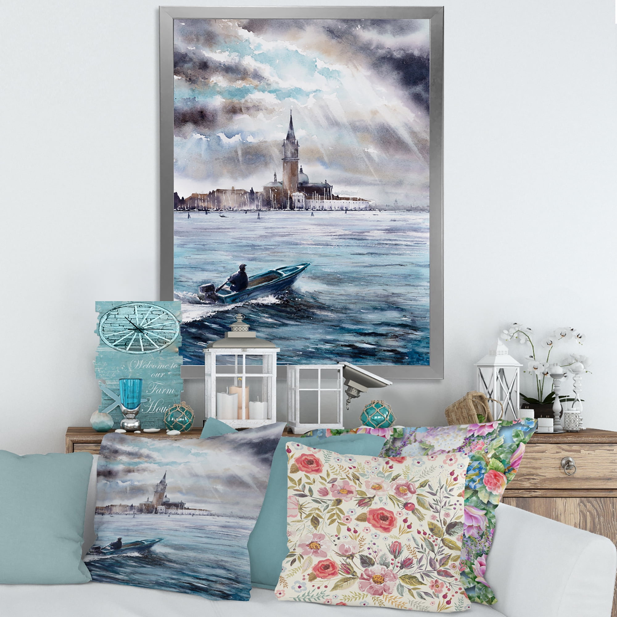 Designart 'Boat Returning In Storm Over Venice In Italy' Nautical & Coastal Framed Art Print
