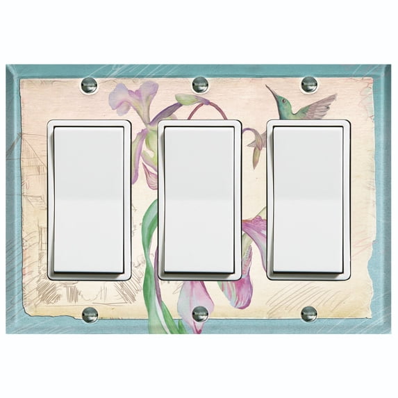 Metal Light Switch Plate Cover Antique Floral Hummingbird Home Sketch Teal FLW103