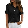 thumbnail image 2 of Linen Button Down Shirt for Women Collared Short Sleeve Officewear Loose Fit Solid Color Dual Chest Pockets Lightweight Breathable Workwear Summer Blouse Tops, 2 of 7