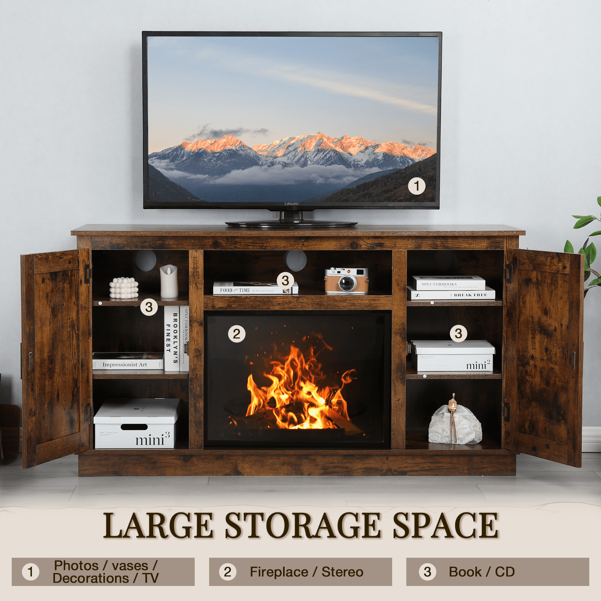 Buy AVAWING Retro MidCentury Modern TV Stand for 49 Inch TV, Fireplace