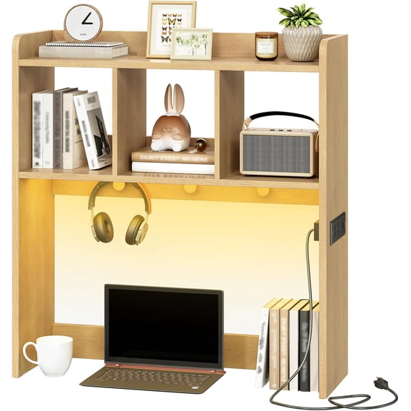 Desktop Bookshelf, Office Desktop Shelf, Desk Hutch with Outlets, Wooden Office Desktop Bookcase, Desktop Organizer Shelf with LED Light Strip and 3 Hooks, for Home, Study, Natural NL12UDSJ01