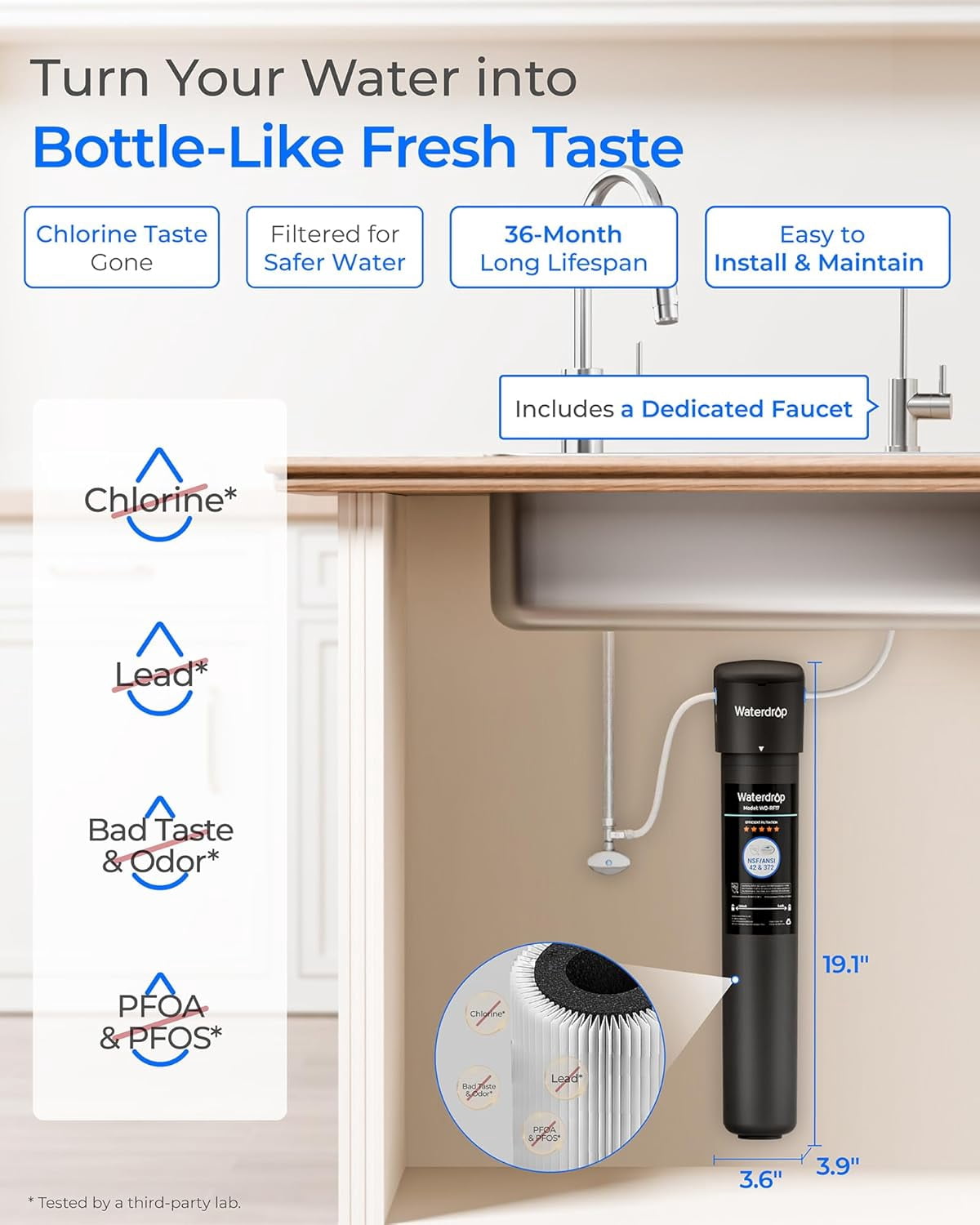 Waterdrop 17UB 3 Years Under Sink Water Filter, Under Sink Water Filtration System, NSF/ANSI 42 Certified, Reduces PFAS, PFOA/PFOS, Lead