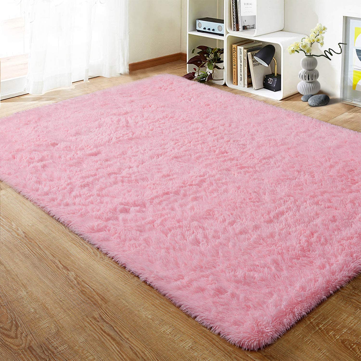 Lochas Soft Shag Accent Carpet Fluffy Rug for Living Room Bedroom Home Decor Area Rugs Floor Mat, 4'x6',Pink