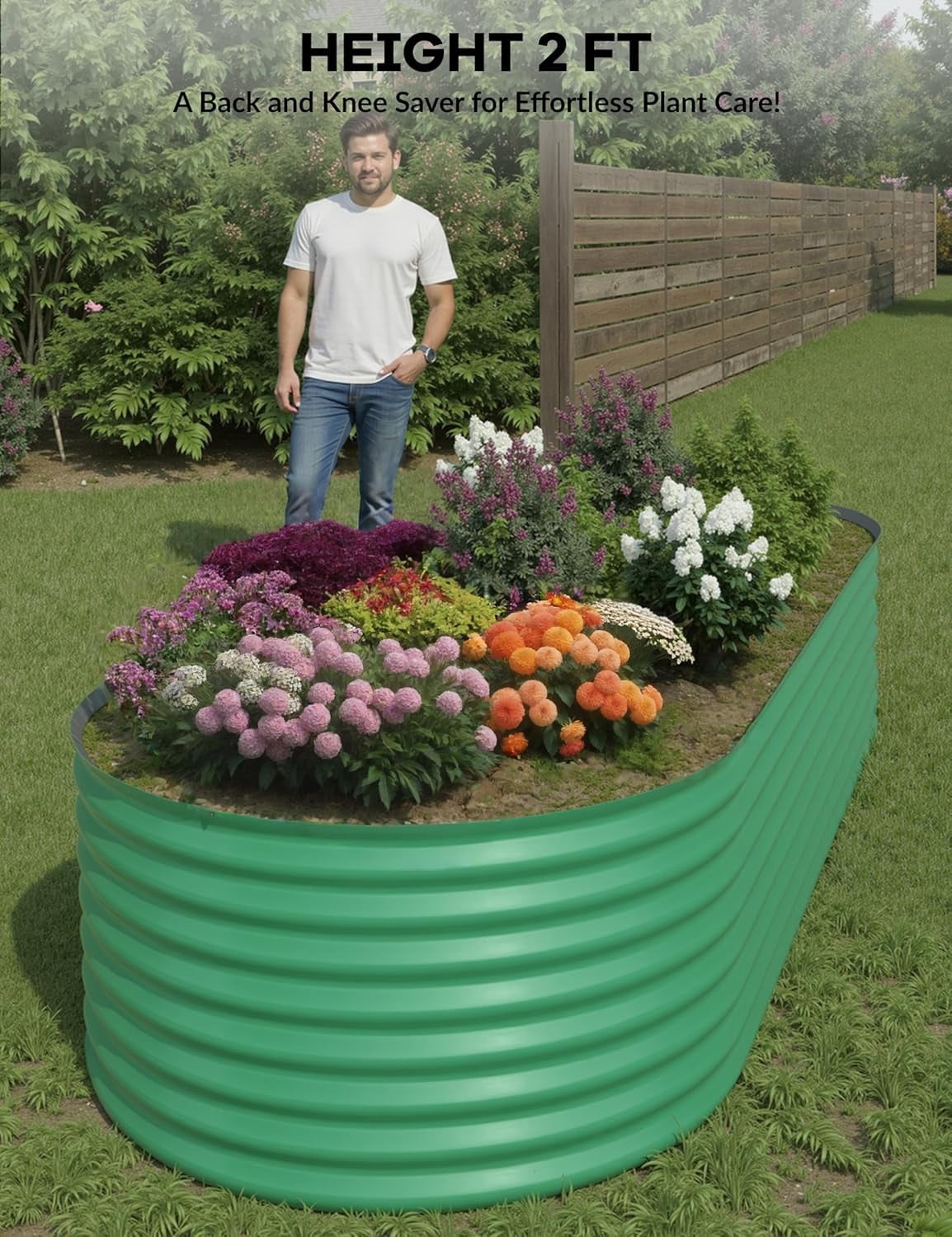 Raised Garden Bed 8x4x2 ft, Green Oval Galvanized Steel Planter, Weather Resistant Outdoor Raised Beds for Vegetables, Flowers & Herbs, Modern Modular Metal Garden Box, Green