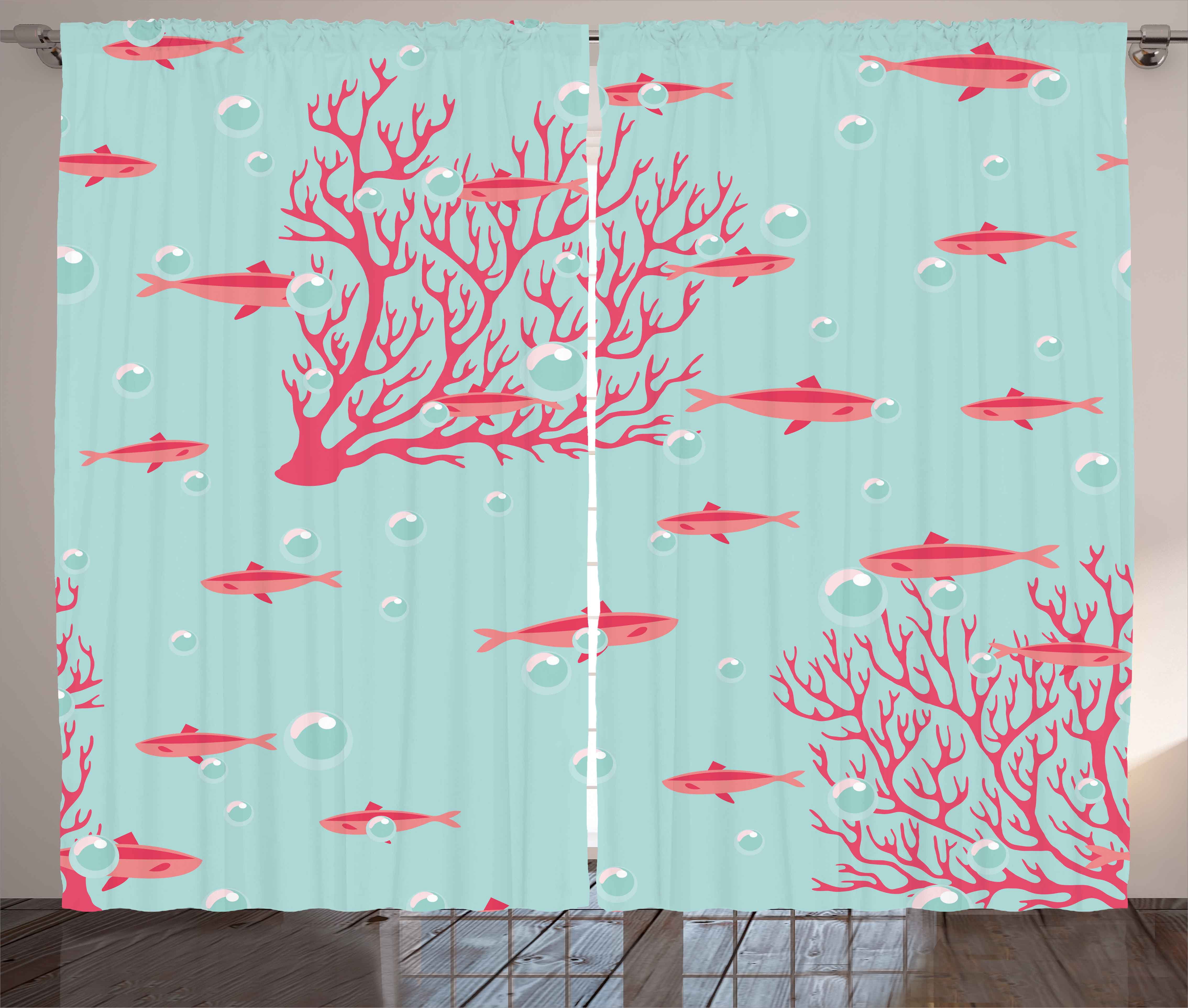 Coral Curtains 2 Panels Set, Aquatic Pattern with Little Cute Fishes