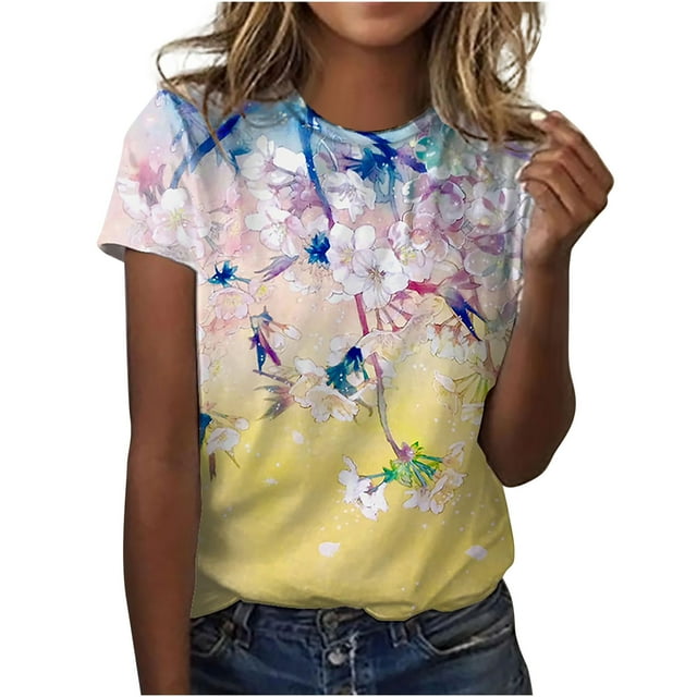 Pompotops Hauts de Mode pour Femmes Imprimé Décontracté Coupe Ample Tee-Shirts Blouse Imprimée Col Rond