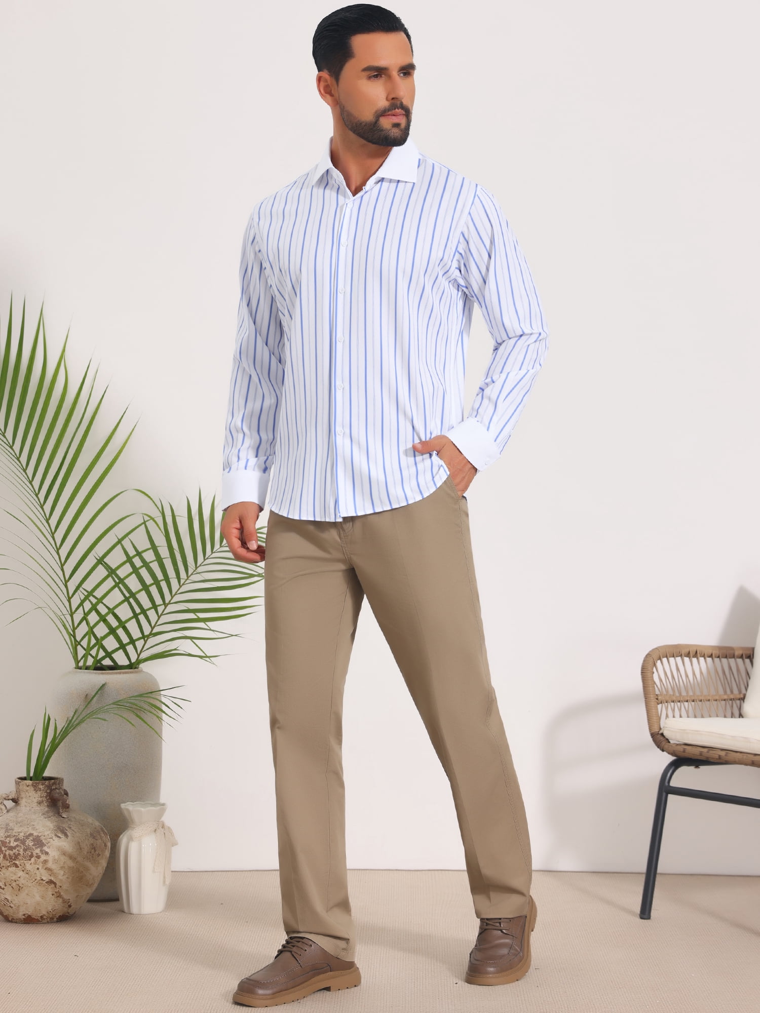 DARING DIVA Men's Striped Button Down Long Sleeve Stretch Shirts M Light Blue