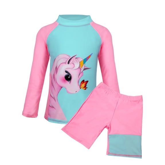 Lavenicole Girls 2-Piece Unicorn Rash Guard Swimsuit - Long Sleeve UV Protection Bathing Suit (3-9 Years) Lightpink