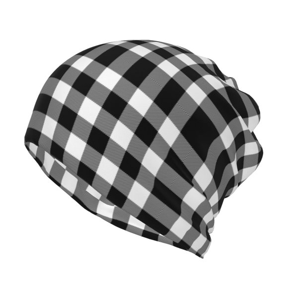 Pofeuu White And Black Plaid Print Multifunction Beanie Hat for Men Women Fashion Scarf Soft Stretch Skull Cap