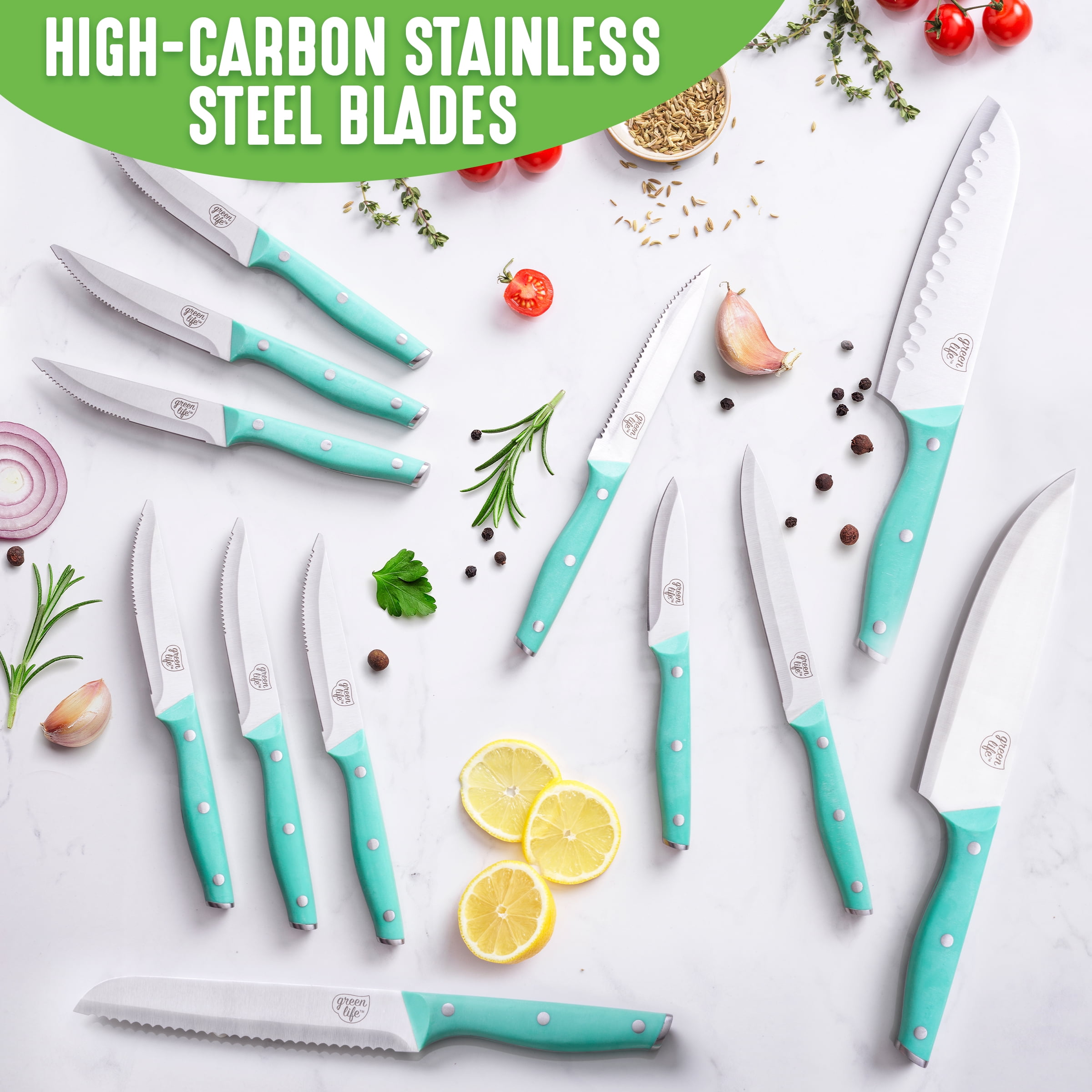 GreenLife High Carbon Stainless Steel 13 Piece Wood Knife Block Set with  Chef Steak Knives and more, Comfort Grip Handles, Triple Rivet Cutlery