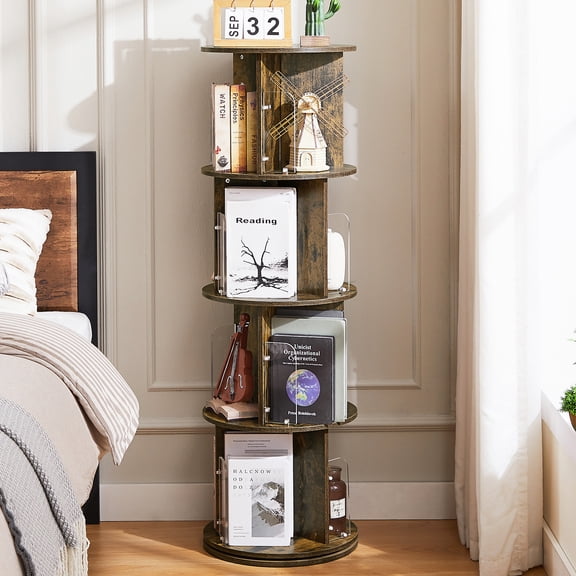 VECELO 4-Tier Rotating Bookshelf, 360° Floor Standing Wood Bookcase Storage Display Rack, Round Bookshelf Tower for Bedroom, Living Room, Brown