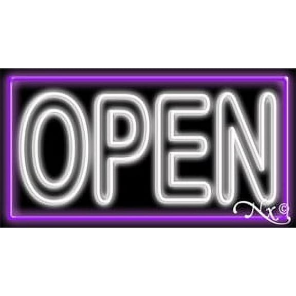 Double Stroke White Open With Purple Border LED Neon Sign 20 x 37 - inches, Clear Edge Cut Acrylic Backing, with Dimmer - Bright and Premium built indoor LED Neon Sign for storefront.