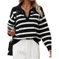 thumbnail image 3 of Women'S Striped Sweater Trendy V Neck Long Sleeve Knit Pullover Loose Jumper Tops Knitwear Black M, 3 of 9