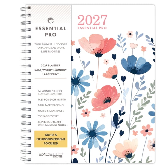Excello Essential Pro 2027 Weekly & Monthly Planner, 8.5" x 11", 14-Month Calendar Nov 2026-Dec 2027, Monthly Tabs, Notes Pages, Storage Pocket, Bookmark & Sticky Notes, Colorful Botanicals