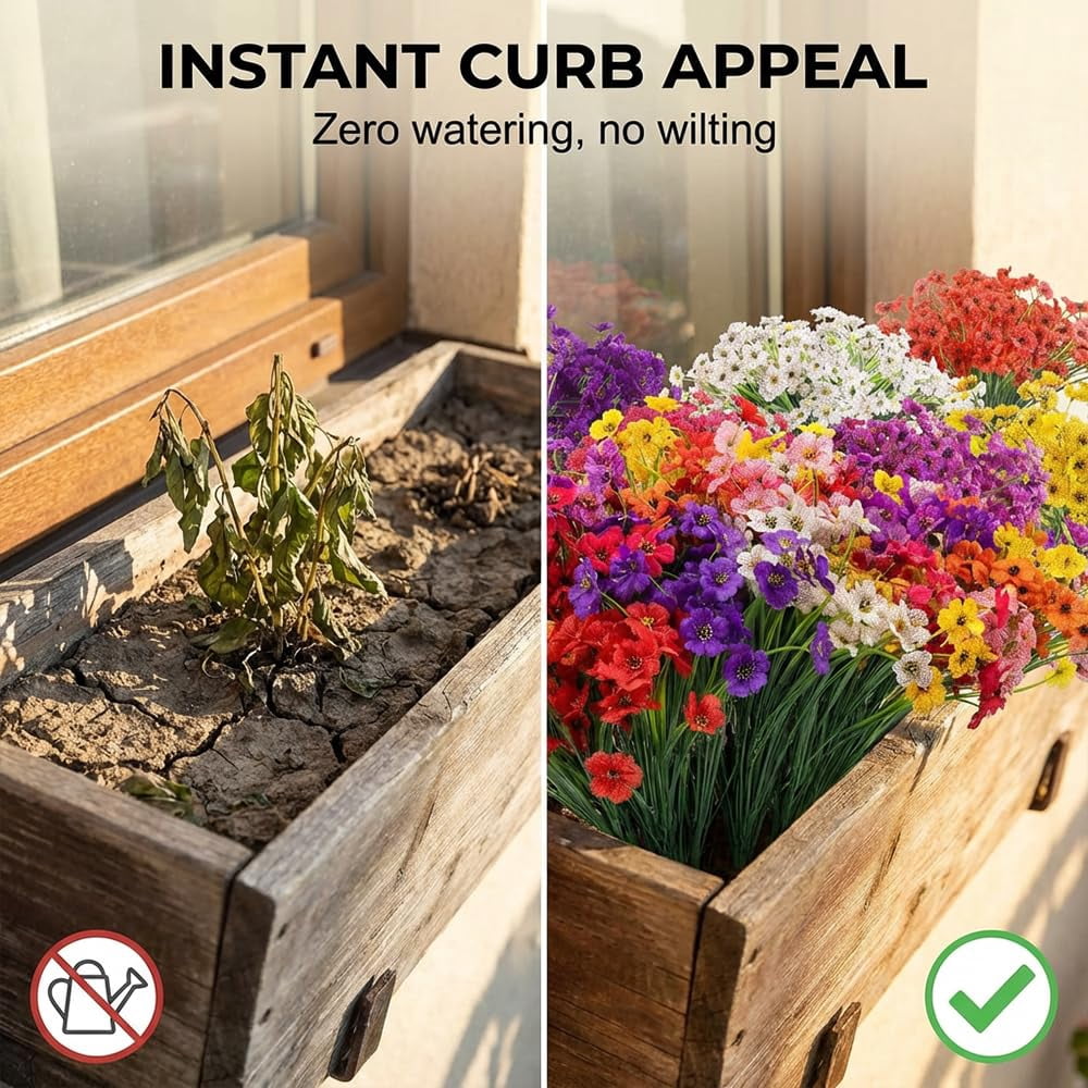 2026 New Artificial Flowers for Outdoors, Fake Flowers Plants for Indoor Outside, Fake Silk Flowers Plastic Plants for Spring Summer Garden Porch Window Box Table Vase Home Indoor Outdoor
