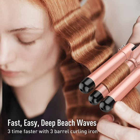 3 Barrel Beach Waver Curling Iron - 5 in 1 Curling Wand Set with Hair Crimper for Women - Fast Heating Wand Curler in All Hair Type