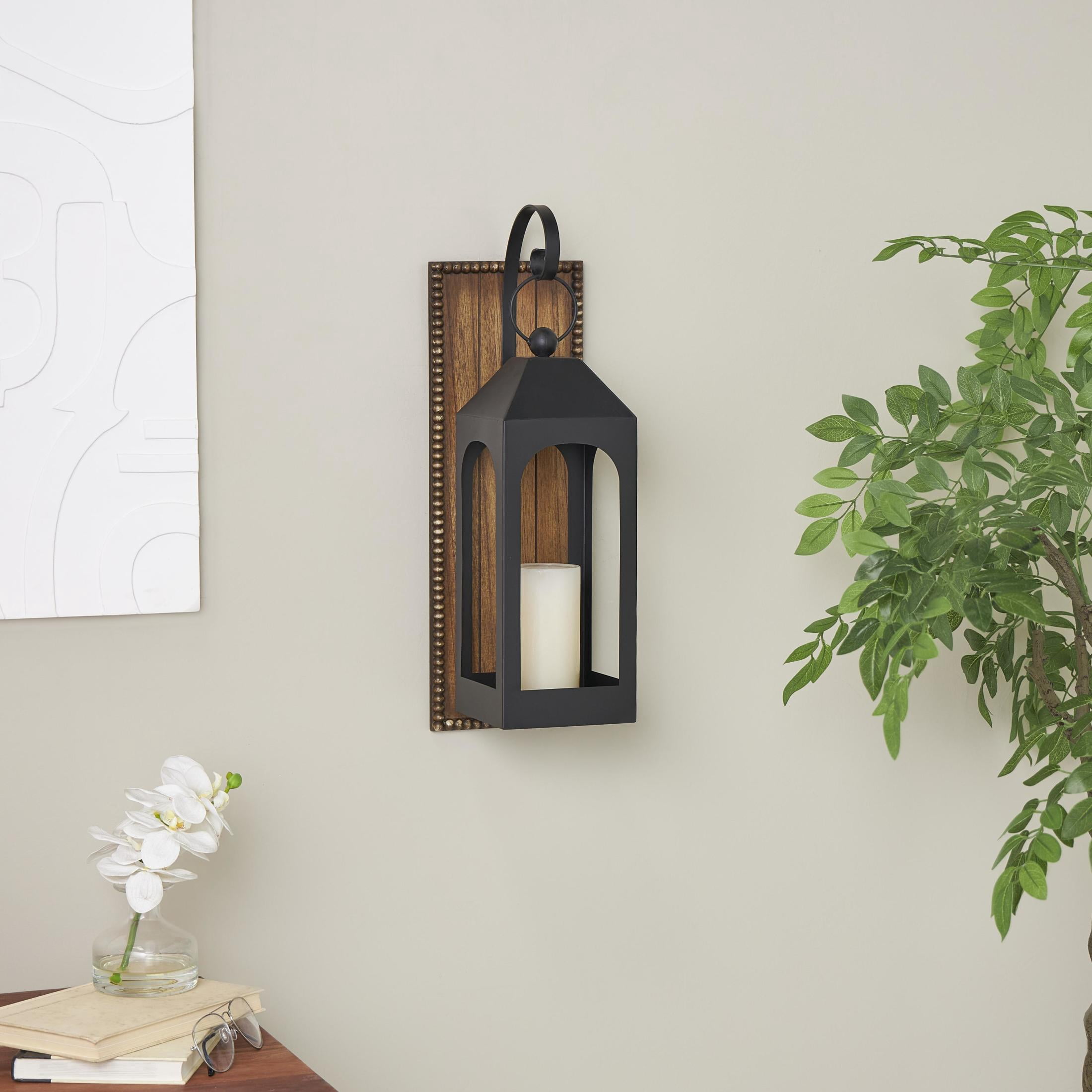 DecMode 2 Holder Black Metal Abstract Suspended Arched Cutout Wall Sconce with Brown Wood Backing and Beaded Edge
