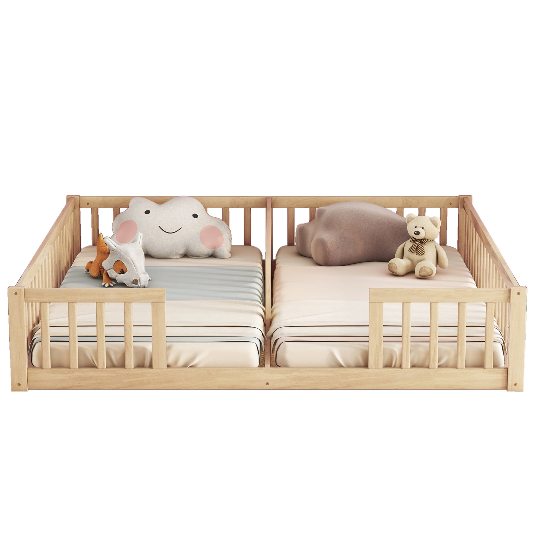Noble House Finbar Double Twin Floor Bed with Fence Guardrails, Pine and Engineered Wood Frame for Kids, Natural