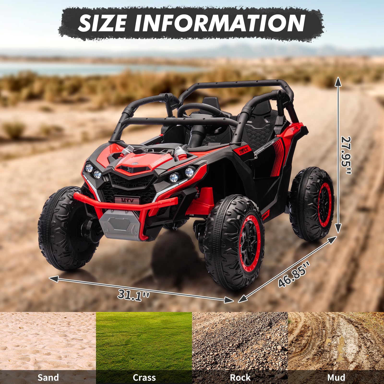 Luku 24V 2-Seater 4WD Kids Ride-On UTV, Parent Remote Control, 4 Shock Absorbers, LED Lights, Music, 3-Speed, Off-Road Electric Truck for Ages 3+