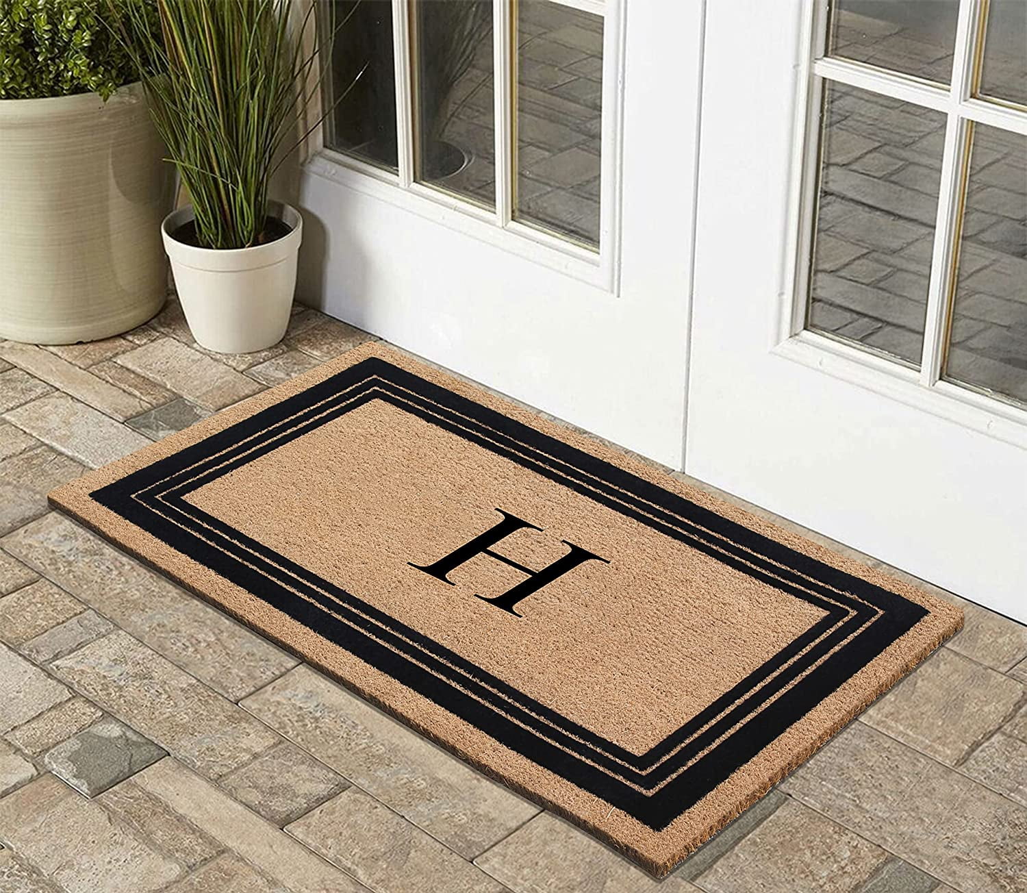 A1HC Natural Coir Monogrammed Entrance Door Mats, Durable Large Outdoor Rug, Non-Slip, Flock Doormat, Thin-Profile Heavy Duty Door Mat, Indoor Outdoor Front Door, High Traffic Areas, 24" X 39"