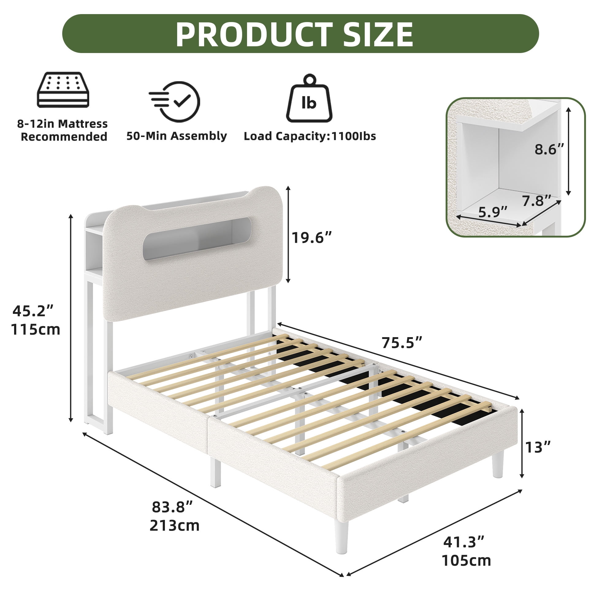 Uforic Twin Bed Frame with LED Headboard, Charging Ports, Storage Shelf, Boucle Upholstery, No Box Spring Needed, Cream
