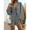 thumbnail image 2 of Women'S 2 Piece Outfits Set Long Sleeve Tie Front Top Short Set Casual Tracksuit Pajama Sets Black S, 2 of 8