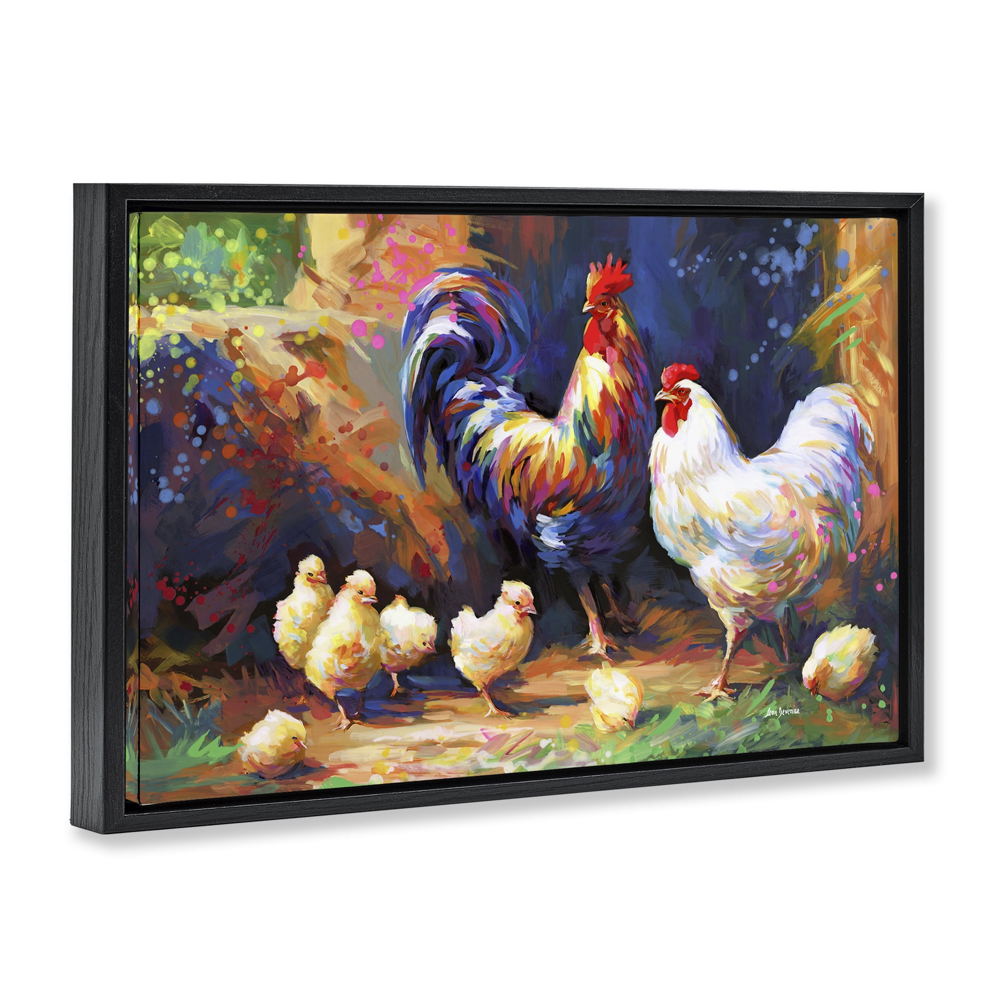 Stupell Industries Chicken Family Paint Splatter Animals & Insects Painting Black Floater Framed Canvas Art Print Wall Art, 25 x 17