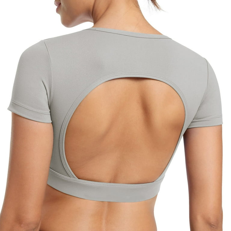 B91xZ Womens Summer Tops 2023 Womens Open Back Tee Tops With Removable Pads  Workout Backless T Shirt Bra Top Grey,M