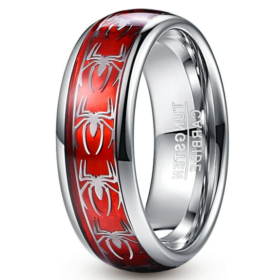 Men's 8mm Tungsten Carbide Ring with Spider Pattern Inlay Domed Edges Comfort Fit Size 7-12