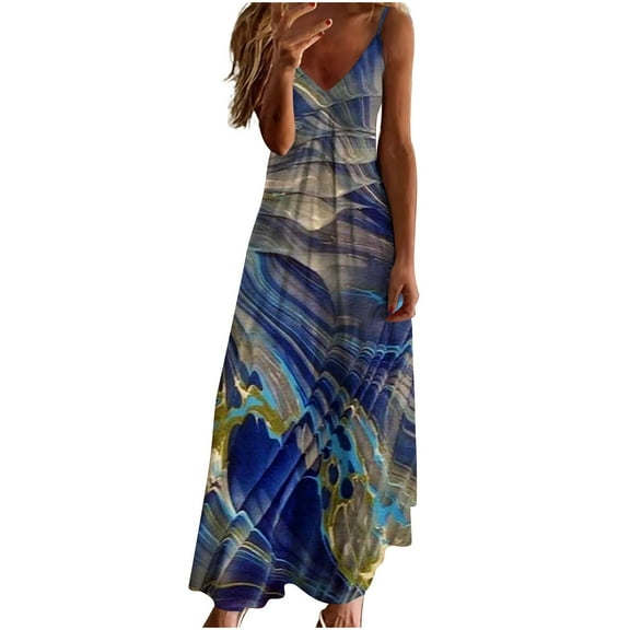 Fesfesfes Women Dress Sling Mid-waist V-neck Sleeveless Stripe Printing Slim Beach Long Dress Sale Tops on Clearance