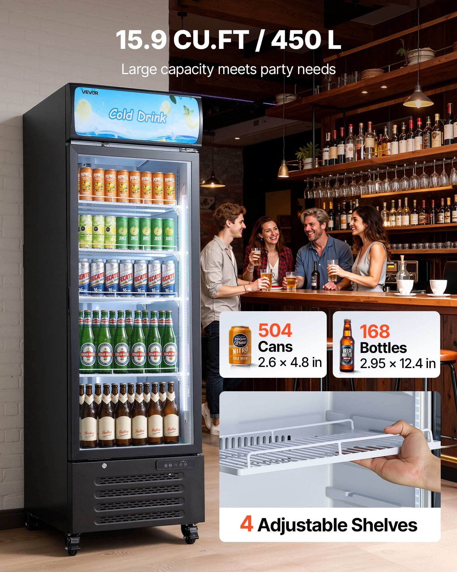 VEVOR Commercial Merchandiser Refrigerator, 15.9 Cu.Ft / 450 L Glass Door Display Refrigerator, Upright Beverage Cooler with Customizable Lightbox,4 Adjustable Shelves & Soft LED Light for Home Shops