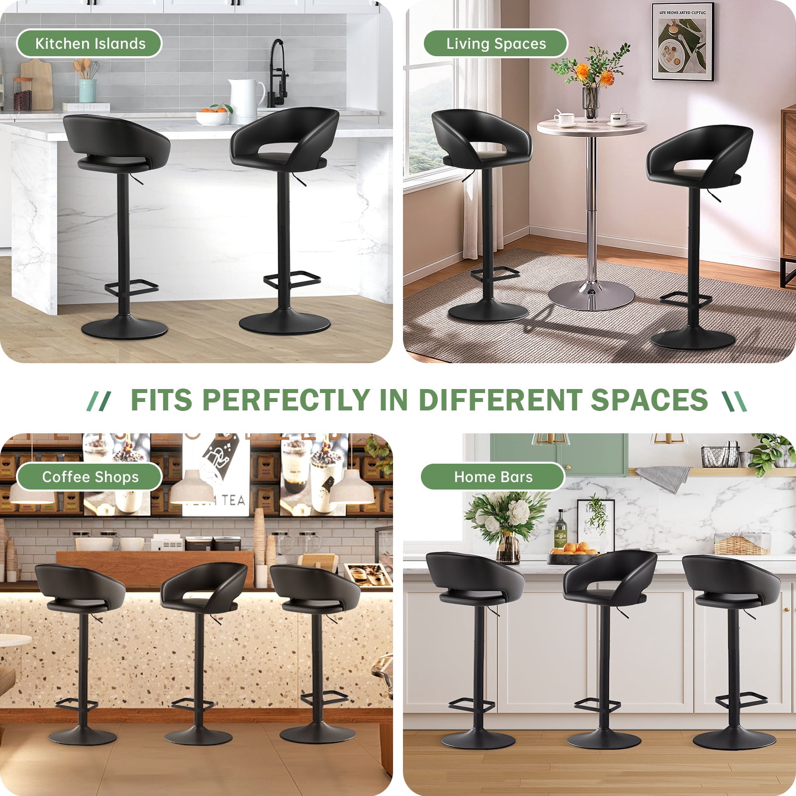 Modern Adjustable Bar Stools with PU Leather Seat, 360° Swivel Open Mid Back & Armrest Bar Stool– Ideal for Kitchen , Bar, Café, Counter Seating, Black