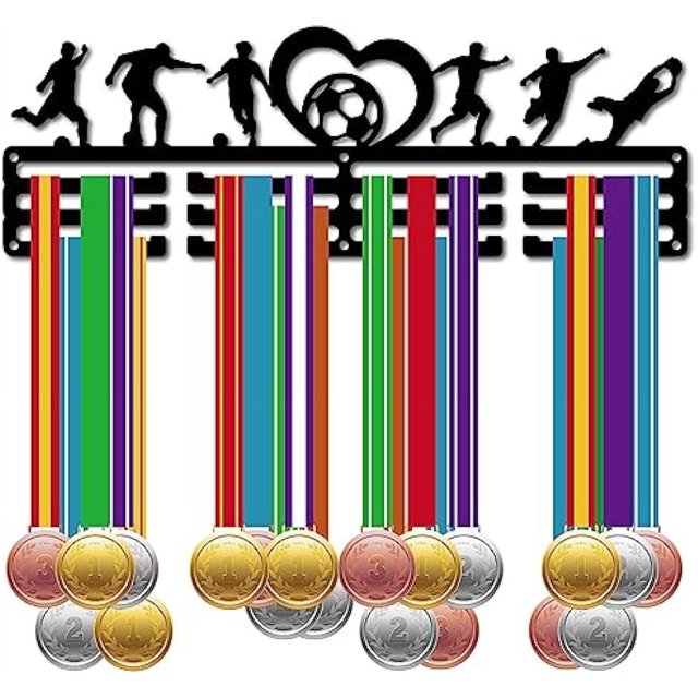 Soporte para medallas de fútbol, soporte para medallas de metal negro, soporte para medallas de hierro, soporte para medallas deportivas, estante montado en la pared para colgar más de 60 medallas