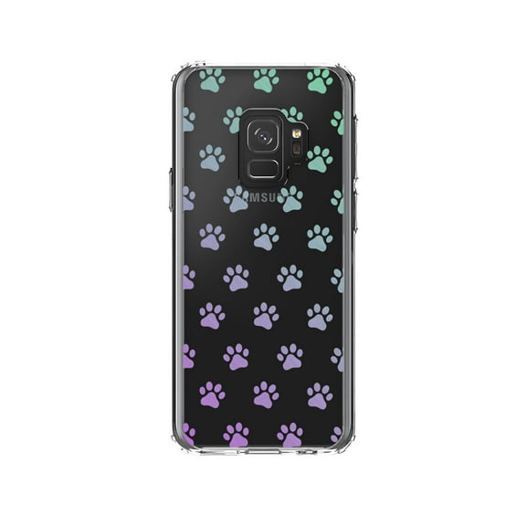 DistinctInk Clear Shockproof Hybrid Case for Samsung Galaxy S9 (5.8" Screen) - TPU Bumper, Acrylic Back, Tempered Glass Screen Protector - Graident Pawprints - Purple to Green