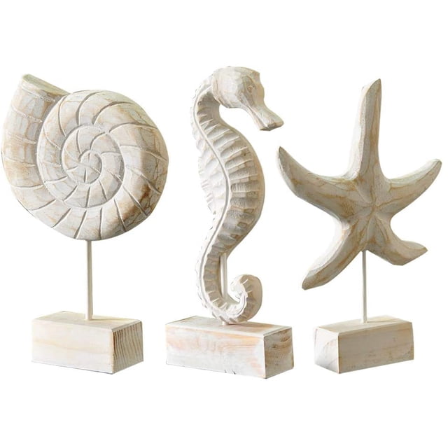 Exttlliy 3 piezas de madera hecha a mano playa estilo náutico estatua estrella de mar/concha/caballo de mar estatua decoración del hogar Ormromra HMHZ1673